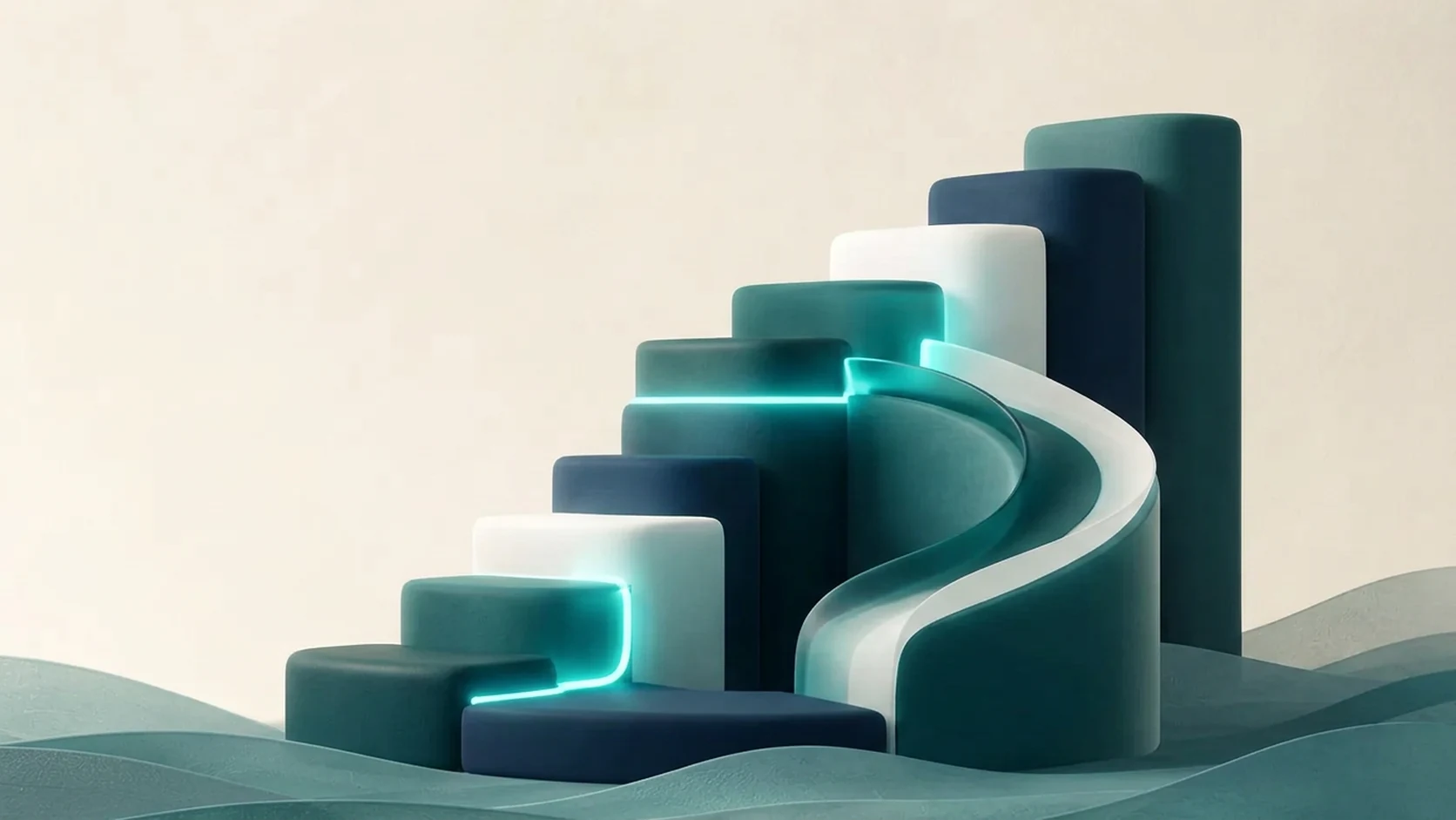 Abstrakte Illustration aus weich geformten, absteigenden 3D-Stufen mit sanften Schatten und einer abzweigenden Bahn.