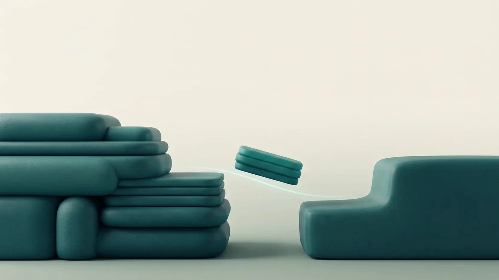 Abstrakte Illustration zweier weich geformter 3D-Volumen, zwischen denen sich nur ein schmaler Teil einer geschichteten Masse verlagert.